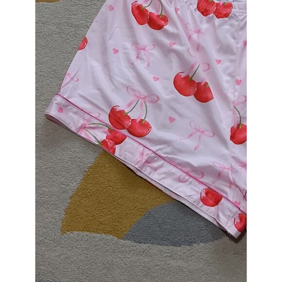 $NWOT Women's pink Cherry Bow PJ set button up shirt w/shorts. Barbiecore, XXL - Picture 9 of 9